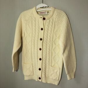 Vintage Kimlon womens S fisherman ivory cable knit cardigan pockets EUC Taiwan